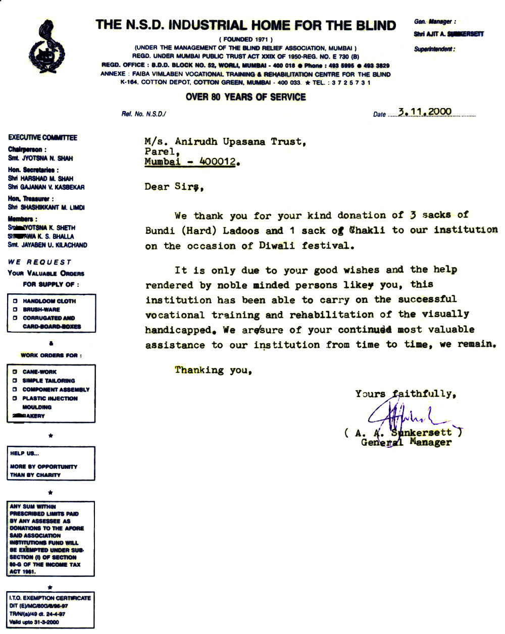 Appreciation-Letter from Vatsalya Trust Mumbai 2000-for-Aniruddhafoundation-Compassion-Social-servicesAppreciation-Letter from The NSD Home fror Blind 2000-for-Aniruddhafoundation-Compassion-Social-services